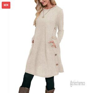 Long Sleeve Tunic Dress with Pockets Crew Neck Button Details